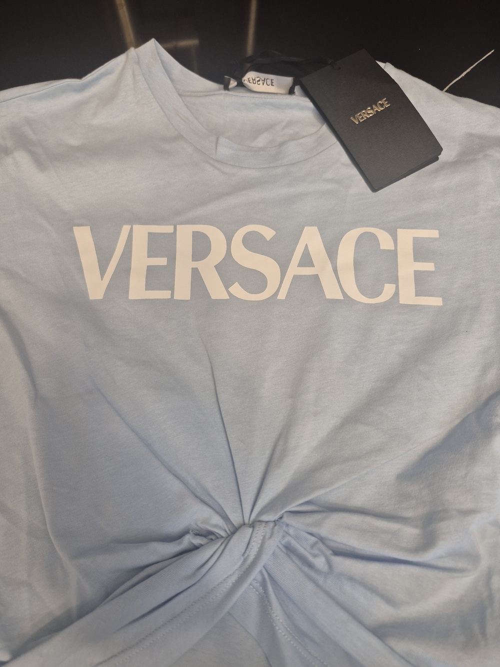 Versace Light Blue Logo Knot Crop Top - Picture 5 of 5
